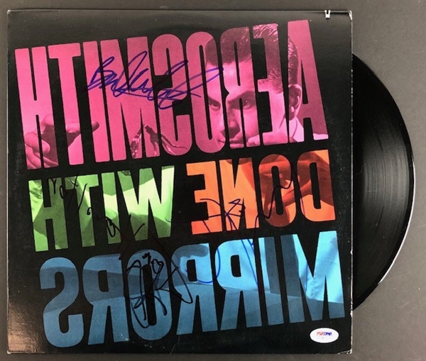 Aerosmith Group Signed "Done with Mirrors" Album including Tom Hamilton specifically signing his name backward in honor of the Album Cover,  Very Unique! (PSA/DNA)