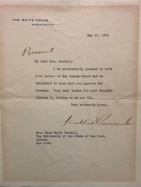Franklin D. Roosevelt Signed letter on White House Stationary, dated 5/27/35 (JSA)