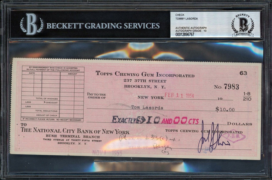 Tommy Lasorda Signed 1954 Topps Royalty Check - Compensation for His Rookie Card! (Beckett/BAS Encapsulated)