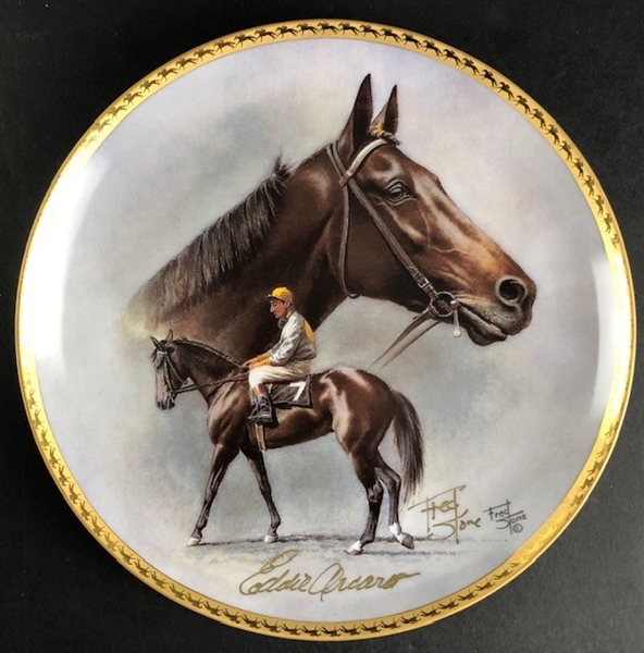 Limited Edition, Signed & Numbered, decorative plate titled "Kelso". Signed by HOF Jockey Eddie Arcaro and also by the Artist Fred Stone! (Beckett/BAS Guaranteed)