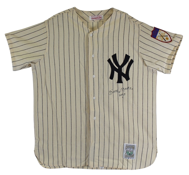 Mickey Mantle Signed Mitchell & Ness Vintage Style Yankees Pinstripe Jersey with  "No. 7" Inscription (PSA/DNA LOA)