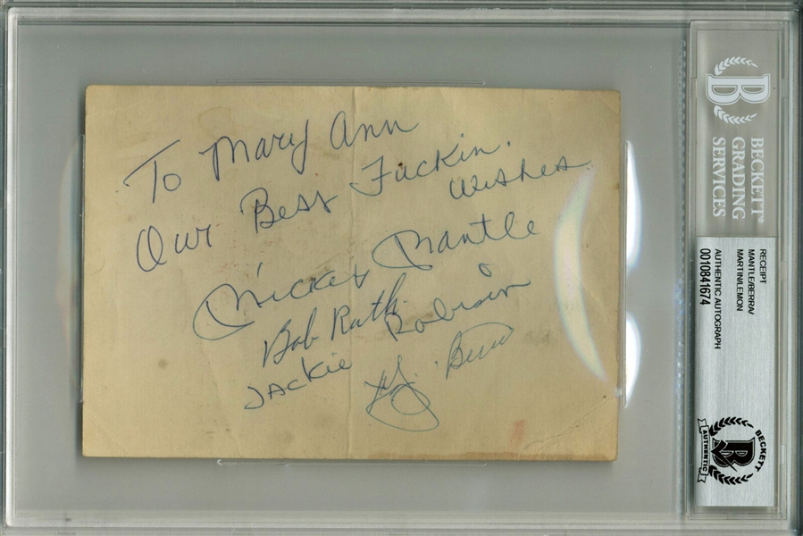 Mickey Mantle, Berra, Lemon & Martin Signed Bar Receipt w/ "Best Fu**in Wishes" Inscription! (Beckett/BAS Encapsulated)