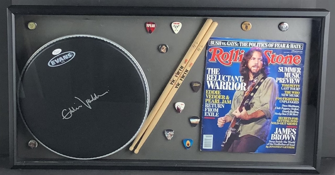 Eddie Vedder Signed 12" Drumhead, framed in an Amazing Display! (JSA)