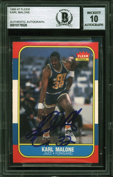 Karl Malone Signed 1986-87 Fleer Rookie Card with GEM MINT 10 Autograph (Beckett/BAS Encapsulated)
