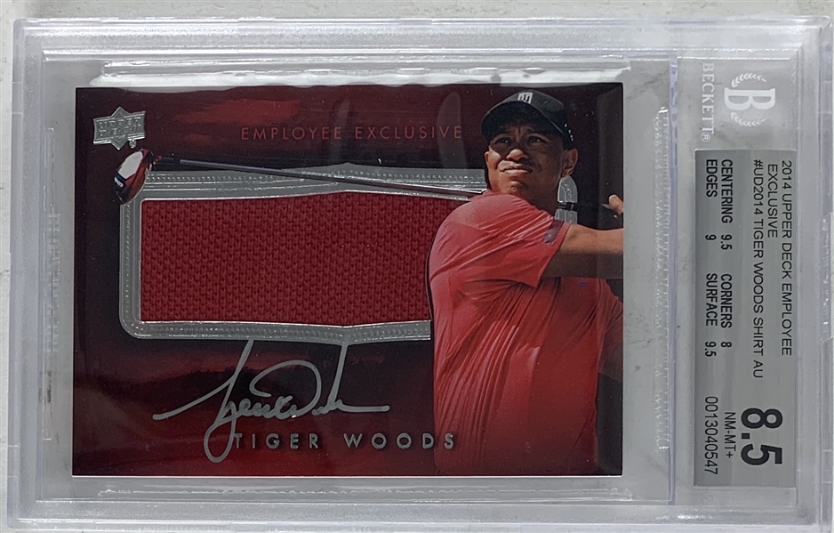 2014 Tiger Woods Upper Deck Employee Exclusive Autographed Card with Worn Shirt Patch (BGS 8 with 10 Autograph)