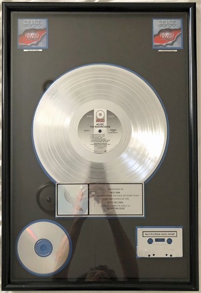 AC/DC Official RIAA Double Platinum Sales Award Issued to former Sony Music Exec for "Razors Edge"