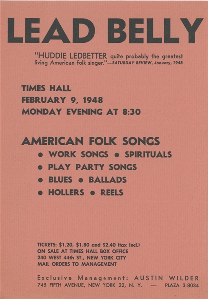 Huddie ‘Lead Belly” Ledbetter Vintage 1948 Handbill 