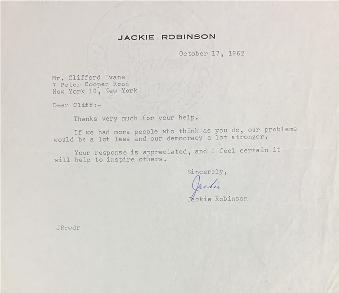 Jackie Robinson Signed Letter to NY Journalist Clifford Evans (Beckett/BAS Guaranteed)