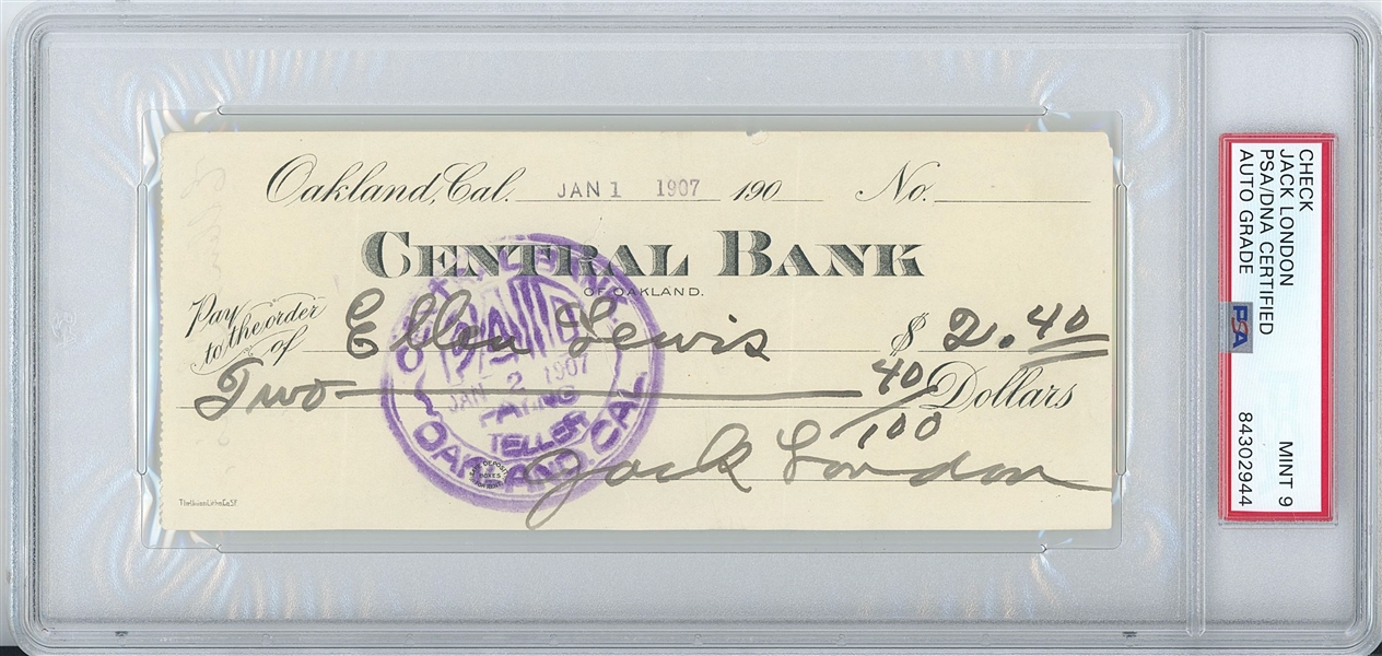 Jack London 6.5” x 2.75” Signed Check (PSA Encapsulated MINT 9 Autograph Grade) 