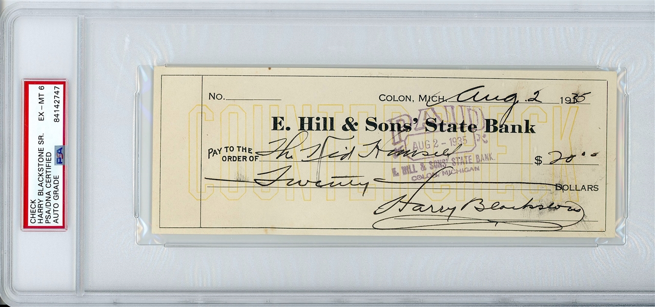 Harry Blackstone, Sr. 8.25” x 3” Handwritten & Signed Check (PSA Encapsulated EX-MT 6 Autograph Grade) 