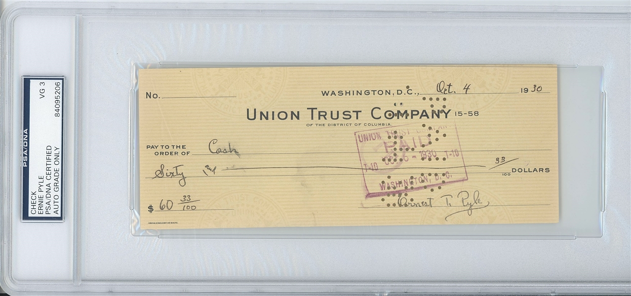 Ernie Pyle 7.75” x 3” Handwritten & Signed Check (PSA Encapsulated VG 3 Autograph Grade) 
