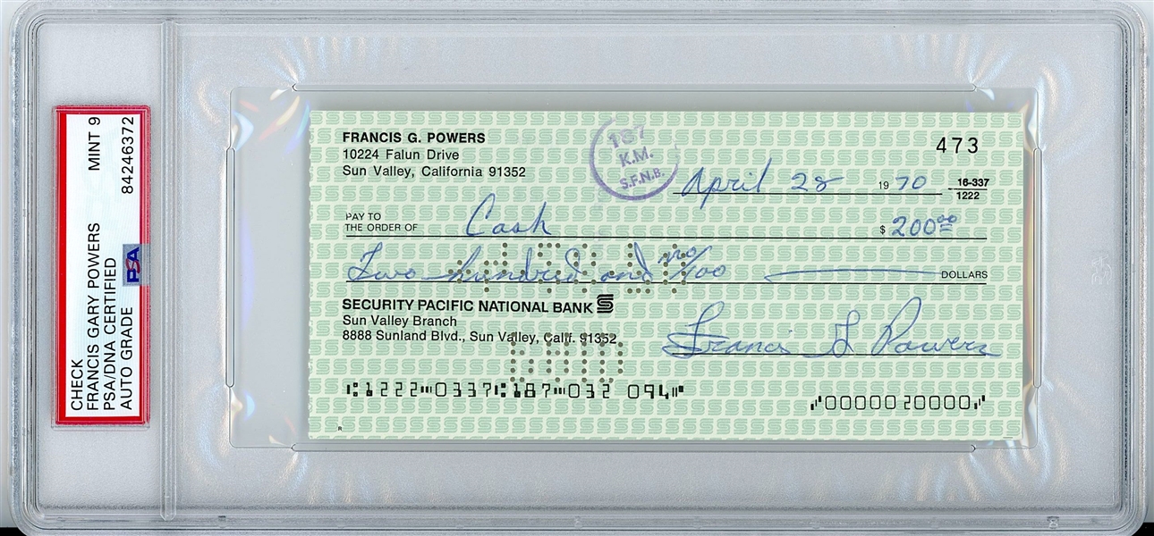 Francis Gary Powers 6” x 2.75” Handwritten & Signed Check (PSA Encapsulated MINT 9 Autograph Grade) 