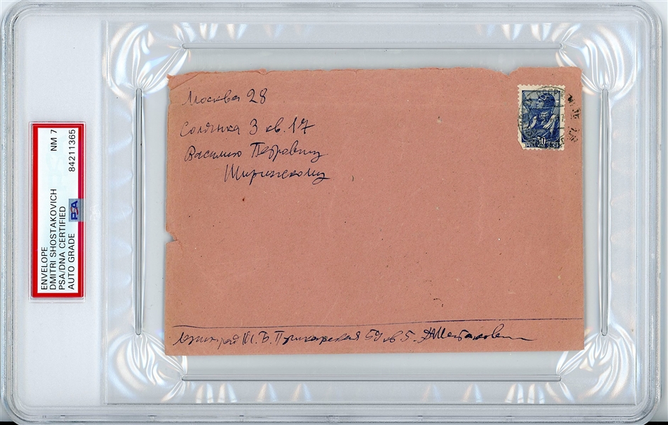 Dmitri Shostakovich 6.25” x 4.25” Hand-Addressed & Signed Mailing Envelope (PSA Encapsulated NM 7 Autograph Grade) 