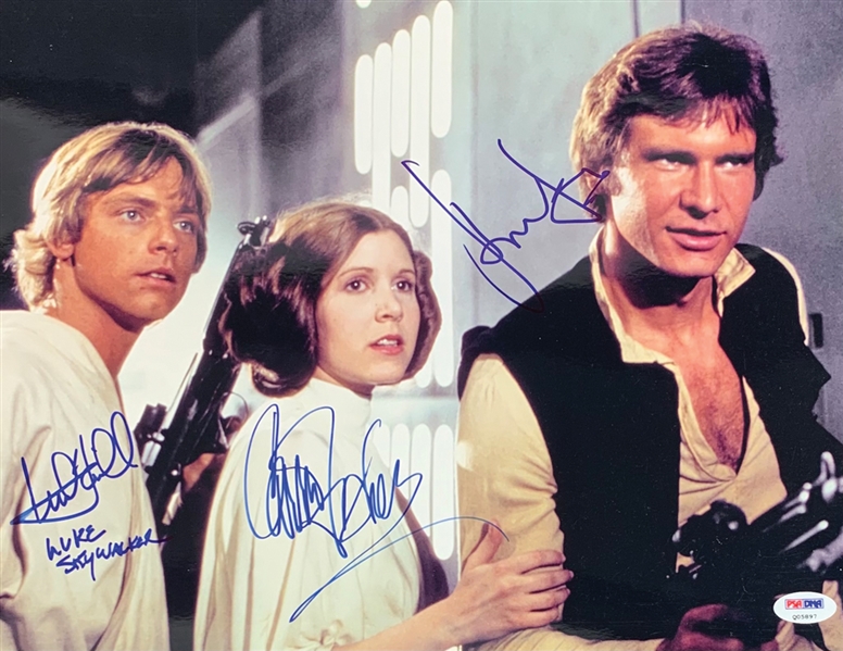 Star Wars: Harrison Ford, Mark Hamill & Carrie Fisher Signed 11" x 14" Color Photo from "A New Hope" (PSA/DNA)