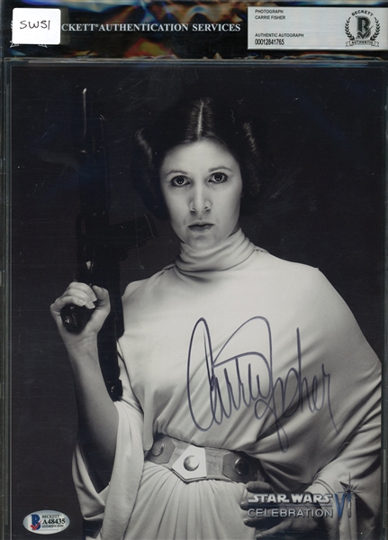 Star Wars: Carrie Fisher Signed 8" x 10" B&W Celebration IV Official Photo (Beckett/BAS Encapsulated)