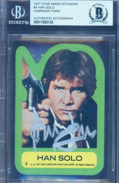 Harrison Ford Signed 1977 Topps Star Wars Sticker Card #3 (Beckett/BAS Encapsulated)