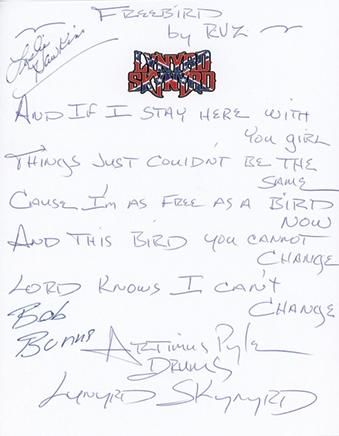 Lynyrd Skynyrd Artimus Pyle Handwritten & Signed “Freebird” Lyrics (+ 2 Other Sigs) (Beckett/BAS Guaranteed) 