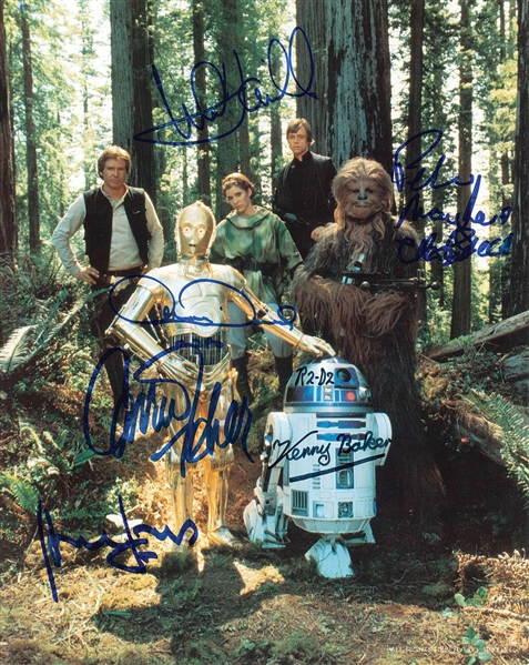Star Wars: Hamill, Ford, Fisher, Mayhew, Daniels, and Baker Multi-Signed 8” x 10” Photo from “Return of the Jedi” (6 Sigs) (Beckett/BAS Guaranteed)