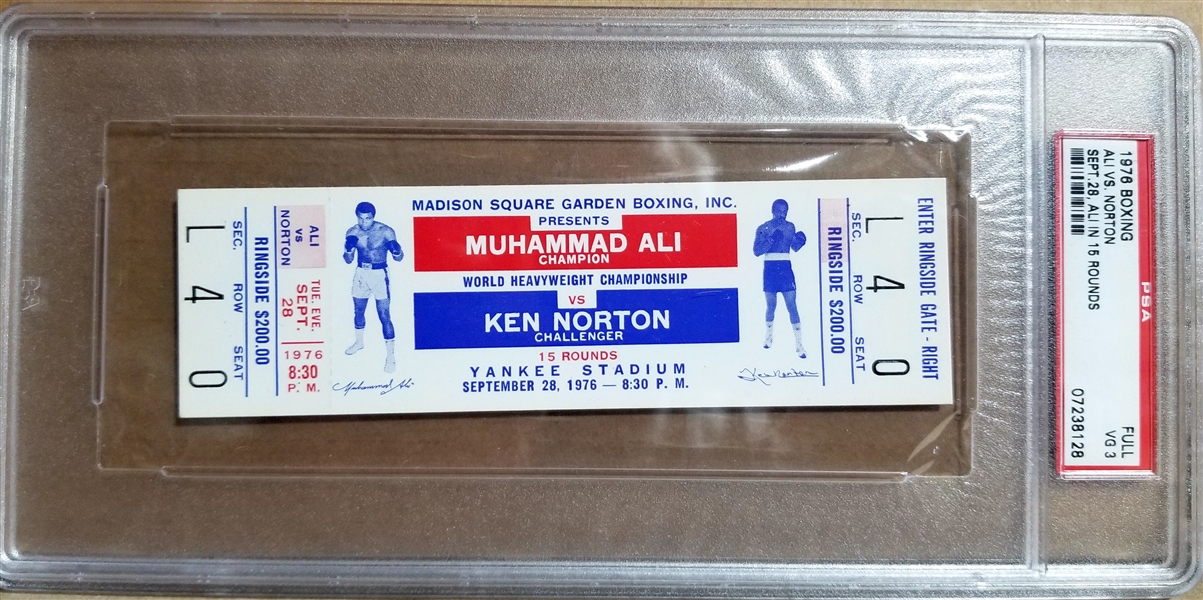 Ali vs. Norton FULL UNUSED Yankee Stadium Fight Ticket (Sept 28, 1976, Ringside) (PSA Encapsulated VG3) 