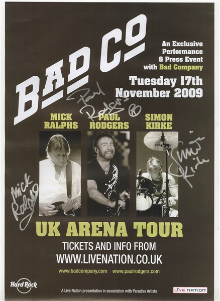 Bad Co. Group Signed 11” x 17” UK 2009 Tour Poster (3 Sigs) (Beckett/BAS Guaranteed) 