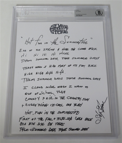 Sly & The Family Stone Signed "Hot Fun in the Summertime" Handwritten Lyrics (JSA LOA) (Beckett/BAS Encapsulated)