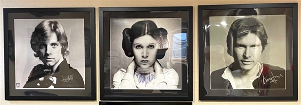 Star Wars: Mark Hamill, Carrie Fisher, & Harrison Ford Set of (3) Signed 24” x 24” “A New Hope” Prints (Official Pix) (Beckett/BAS Guaranteed)