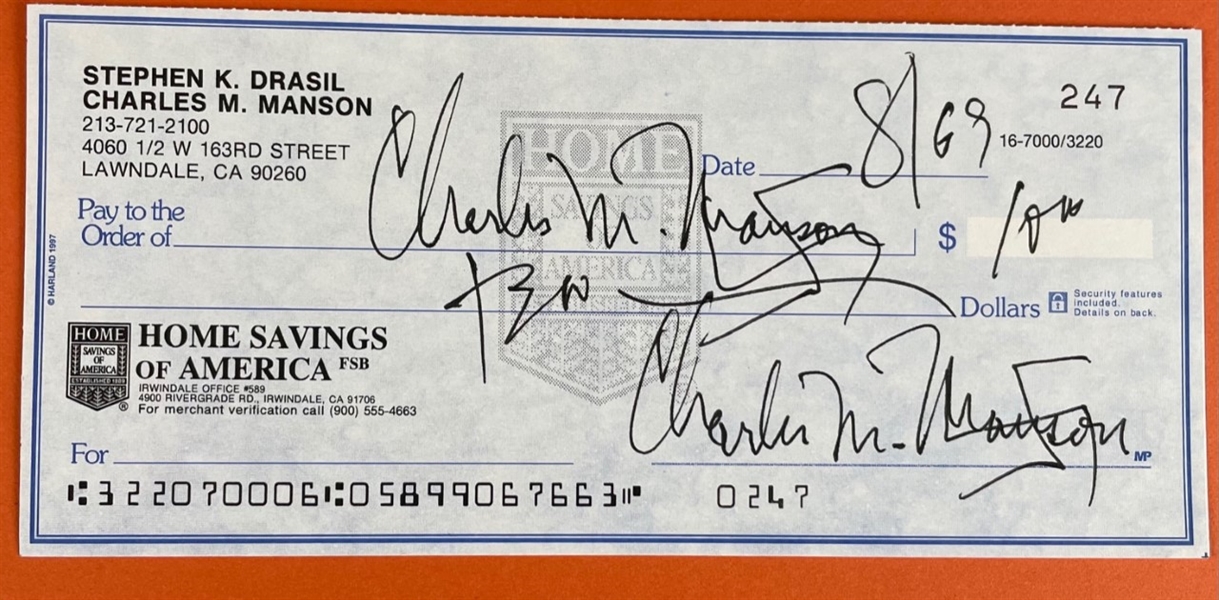 Charles Manson Signed Bank Check (JSA)