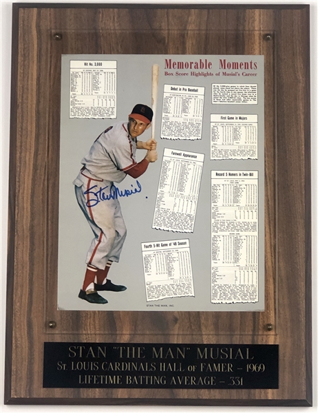Stan Musial Signed 12” x 16” Plaque w/ Stats (Beckett/BAS Guaranteed)