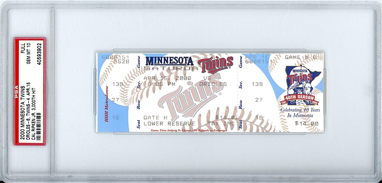 Cal Ripken #3000 Hit Full 2000 Minnesota Twins Ticket (GEM MINT 10) (PSA Encapsulated)