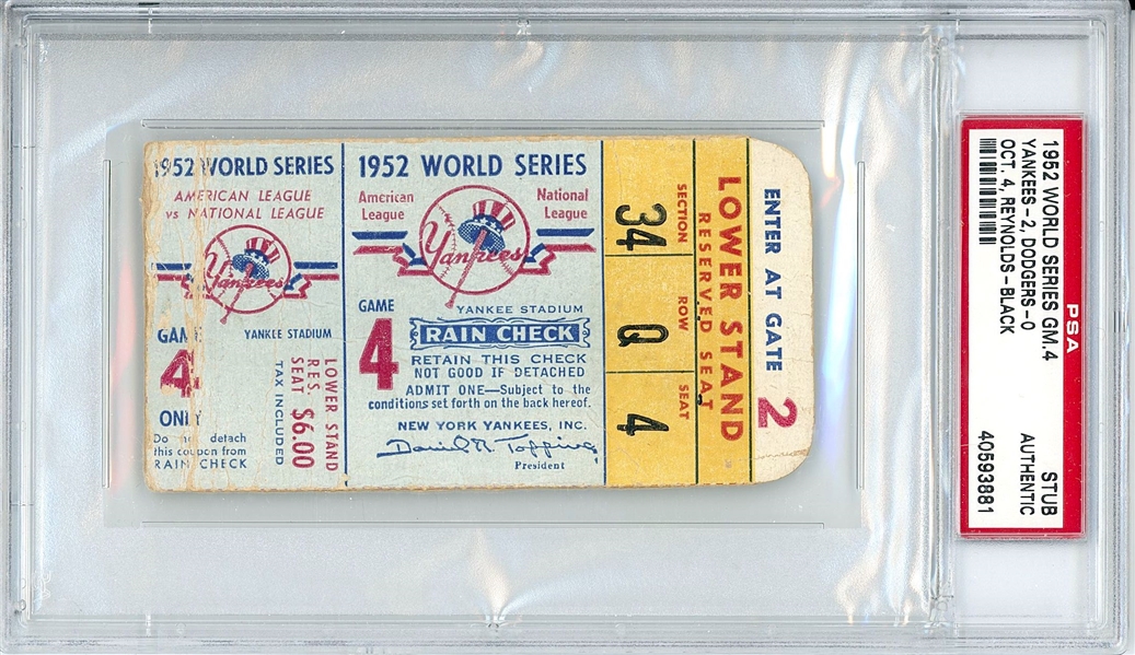 Yankees vs. Dodgers 1952 World Series (Yankee Stadium) Ticket Stub (GM.4 PSA Encapsulated)