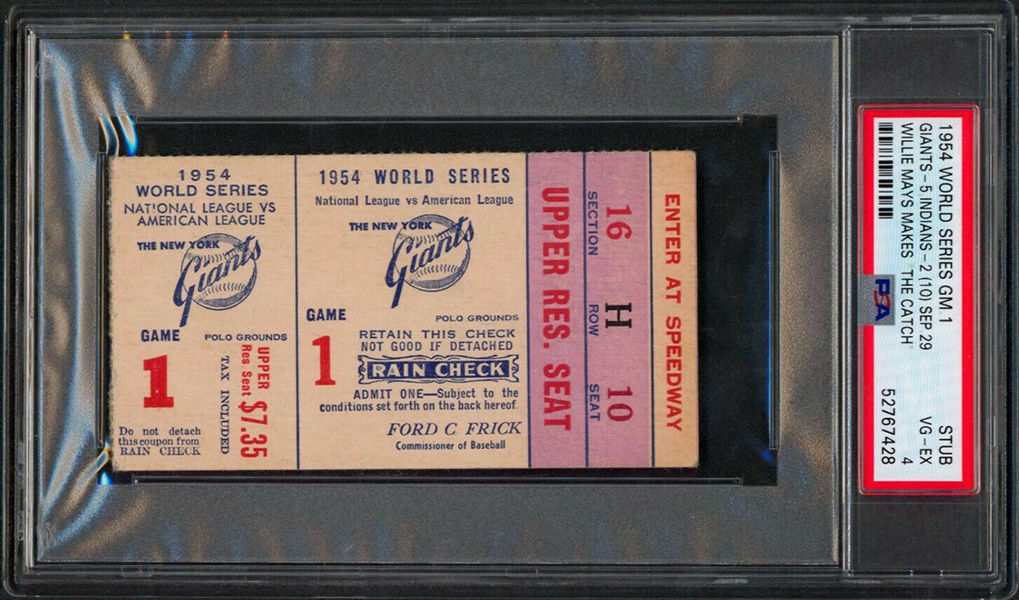 Willie Mays "The Catch" 1954 World Series Game 1 Ticket Graded VG-EX 4 (PSA) :: Highest Graded Example!