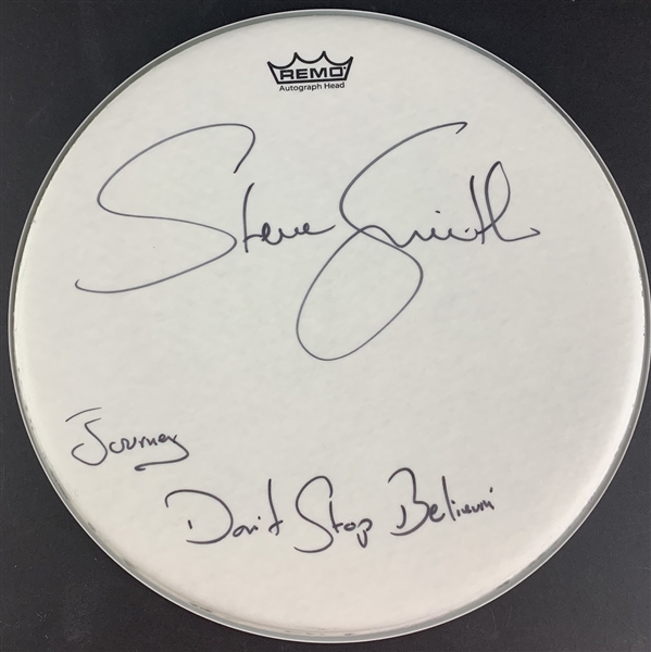 Journey: Steve Smith Boldly Signed Remo 14-Inch Drumhead with "Dont Stop Believin" Inscription (Beckett/BAS Guaranteed)