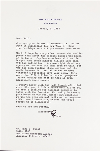 President Ronald Reagan Signed White House Letter with Terrific Political & Diplomacy Content (Beckett/BAS Guaranteed)
