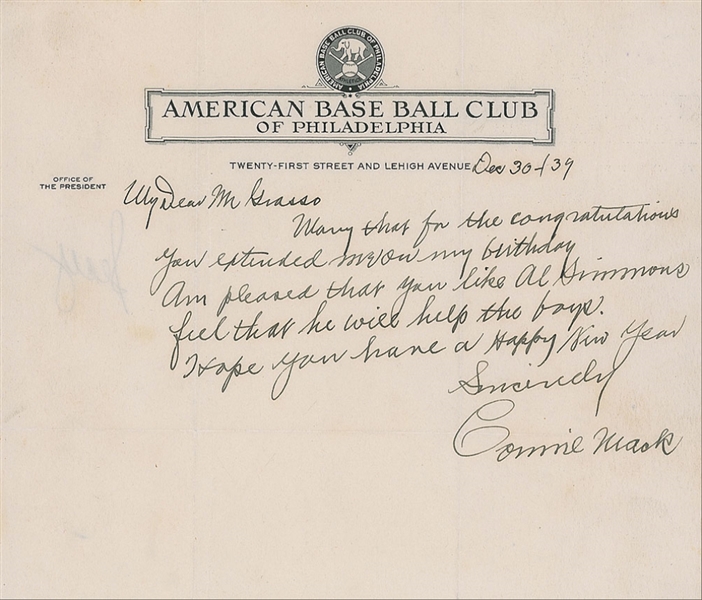 Connie Mack Handwritten & Signed Letter on Philadelphia As Stationary with Al Simmons Reference (Beckett/BAS Guaranteed)