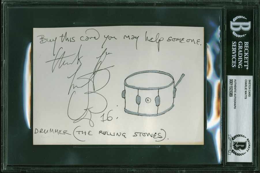 The Rolling Stones: Charlie Watts Hand Drawn & Signed Drum Sketch (Beckett/BAS Encapsulated)