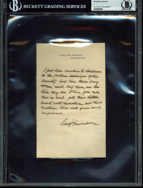 President Benjamin Harrison Incredible Handwritten & Signed Quote on Executive Mansion Letterhead RE: Children & The Future of the Country (Beckett/BAS Encapsulated)