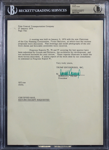 President Donald Trump Signed Document on Trump Organization Letterhead c. 1975 (Beckett/BAS Encapsulated with MINT 9 AUTO)