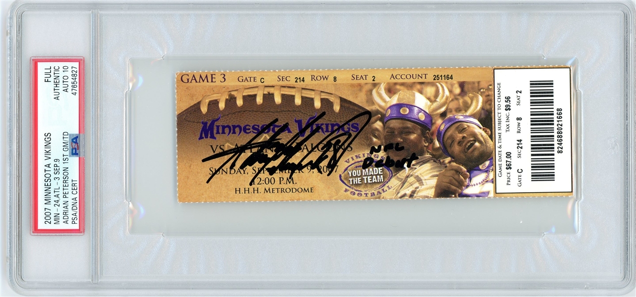 Adrian Peterson Autographed & NFL Debut Inscribed 2007 Minnesota Vikings Game 3 Ticket :: Petersons First NFL Game :: Auto Graded 10 (PSA/DNA)