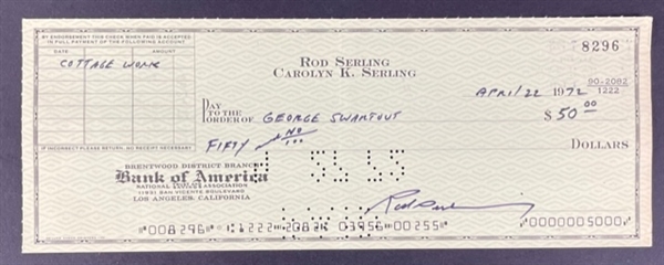 The Twilight Zone: Rod Serling Signed Bank Check (Beckett/BAS)