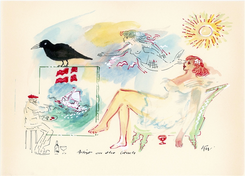 Kurt Westergaard Signed "Artist On The Beach" Watercolor With ALS On Verso (University Archives COA) 
