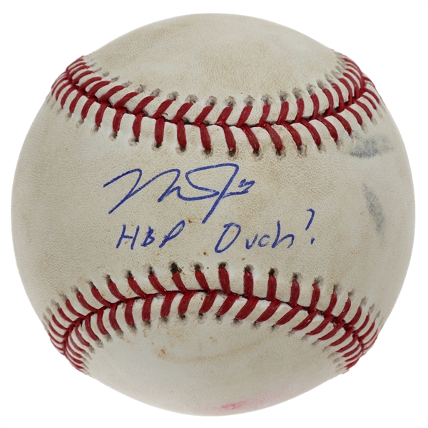 Mike Trout Game Used Signed & Inscribed “HBP Ouch” ROML Manfred Baseball (MLB JD238309) (Beckett/BAS Guaranteed) 