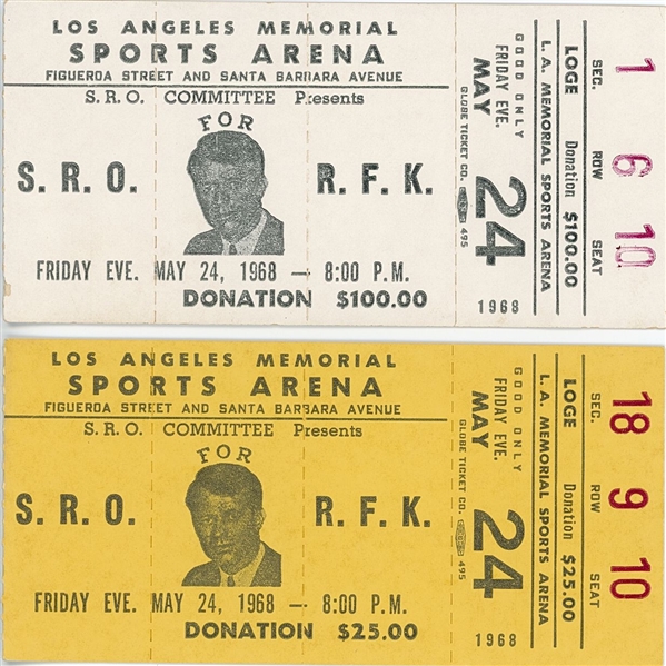 Robert F. Kennedy Lot of (2) 1968 Los Angeles Memorial Sports Arena Tickets 
