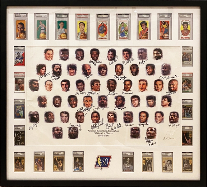 NBA 50 Greatest Custom Framed Display with Signed Official Litho & Signed Cards - All 50 Players! (JSA, PSA/DNA)