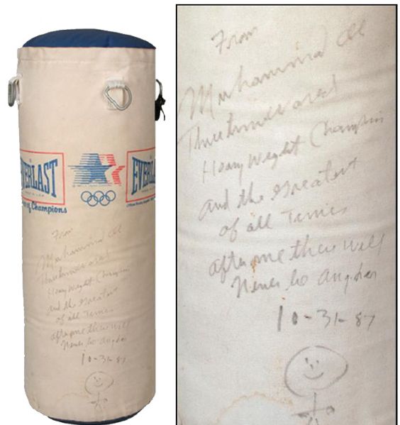 Muhammad Ali Signed & Punched 1980s Olympic Punching Bag with Lengthy Inscription (PSA ALOA)