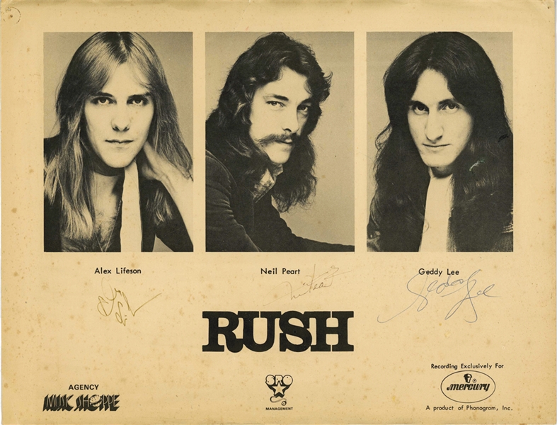 Rush 1980 Group Signed Mercury Records Promotional Flyer (UK) (3 Sigs) (Tracks COA) 