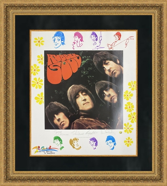 The Beatles: Ron Campbell Fantastic Original Artwork “Beatles and Flowers” on “Rubber Soul” Litho (Beckett/BAS Guaranteed) 