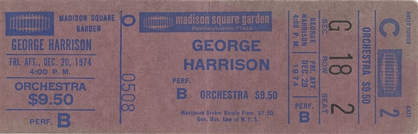 George Harrison Madison Square Garden Unused December 20, 1974 Ticket 