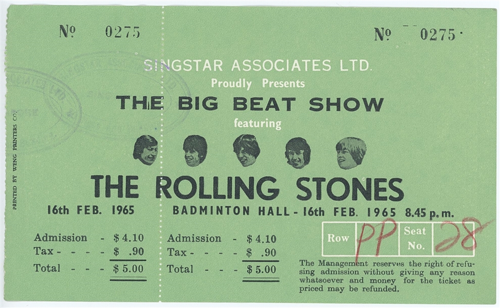 The Rolling Stones “Big Beat Show” Unused February 16, 1965 Ticket 