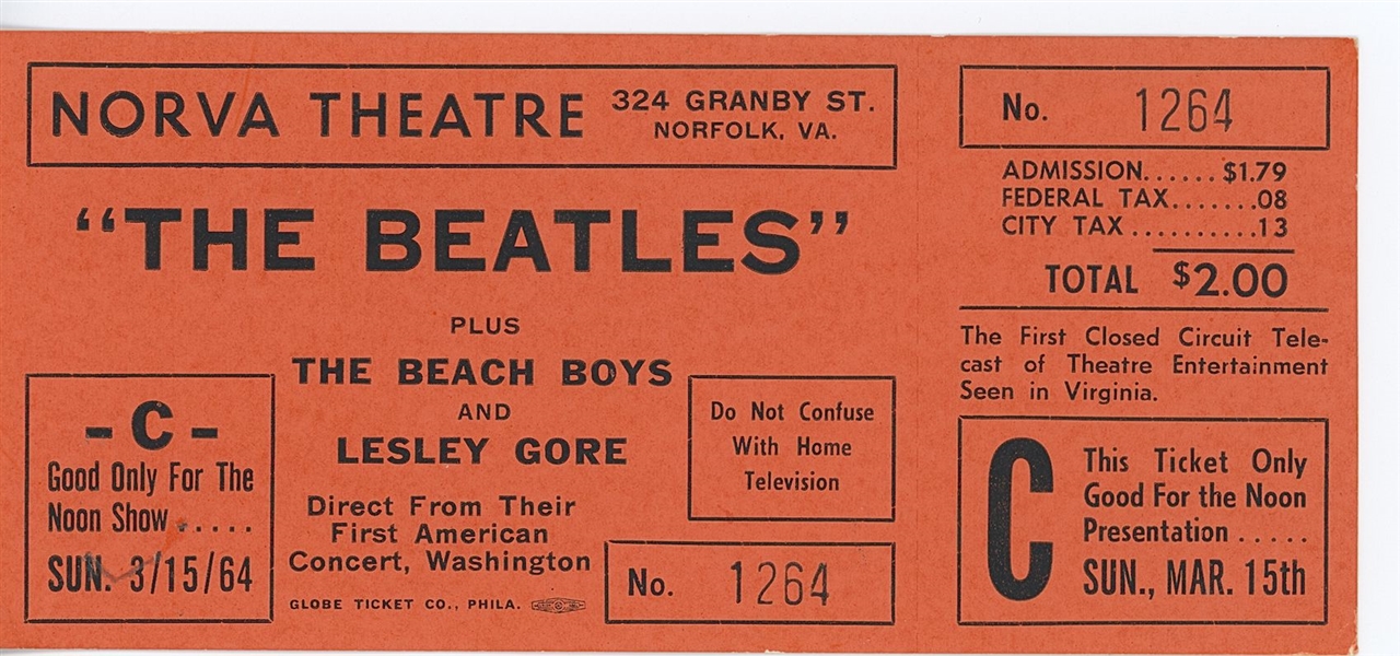 The Beatles Unused March 15, 1964 Telecast Concert Ticket Norva Theatre