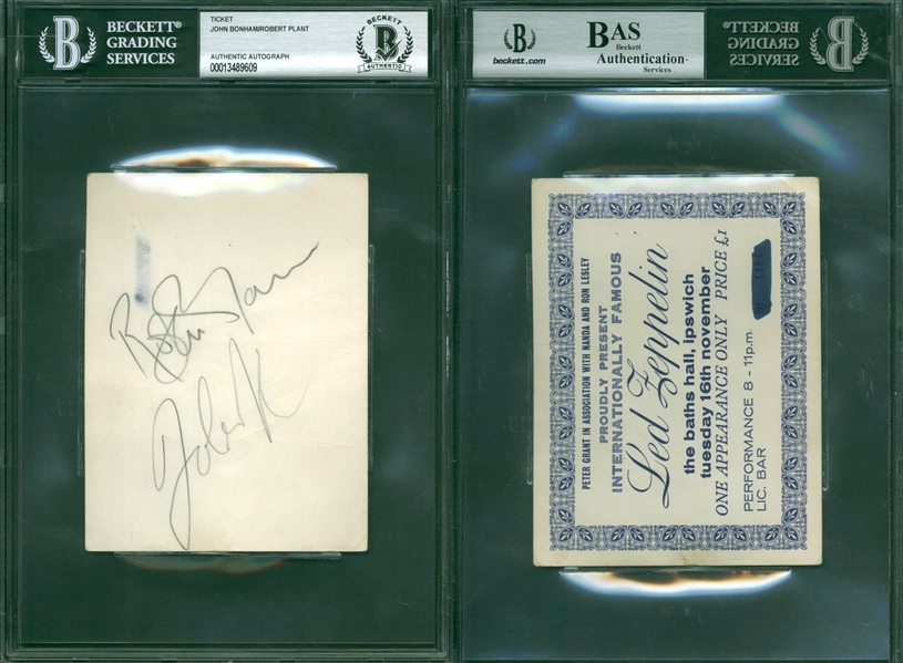 Led Zeppelin: John Bonham & Robert Plant Signed November 16, 1971 Concert Ticket Bath’s Hall Ipswich, UK (Beckett/BAS Encapsulated) 